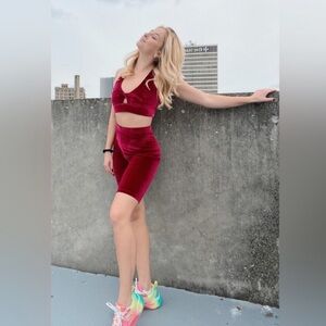 Fabletics Deep Pink Red Velour 9” Bike Shorts